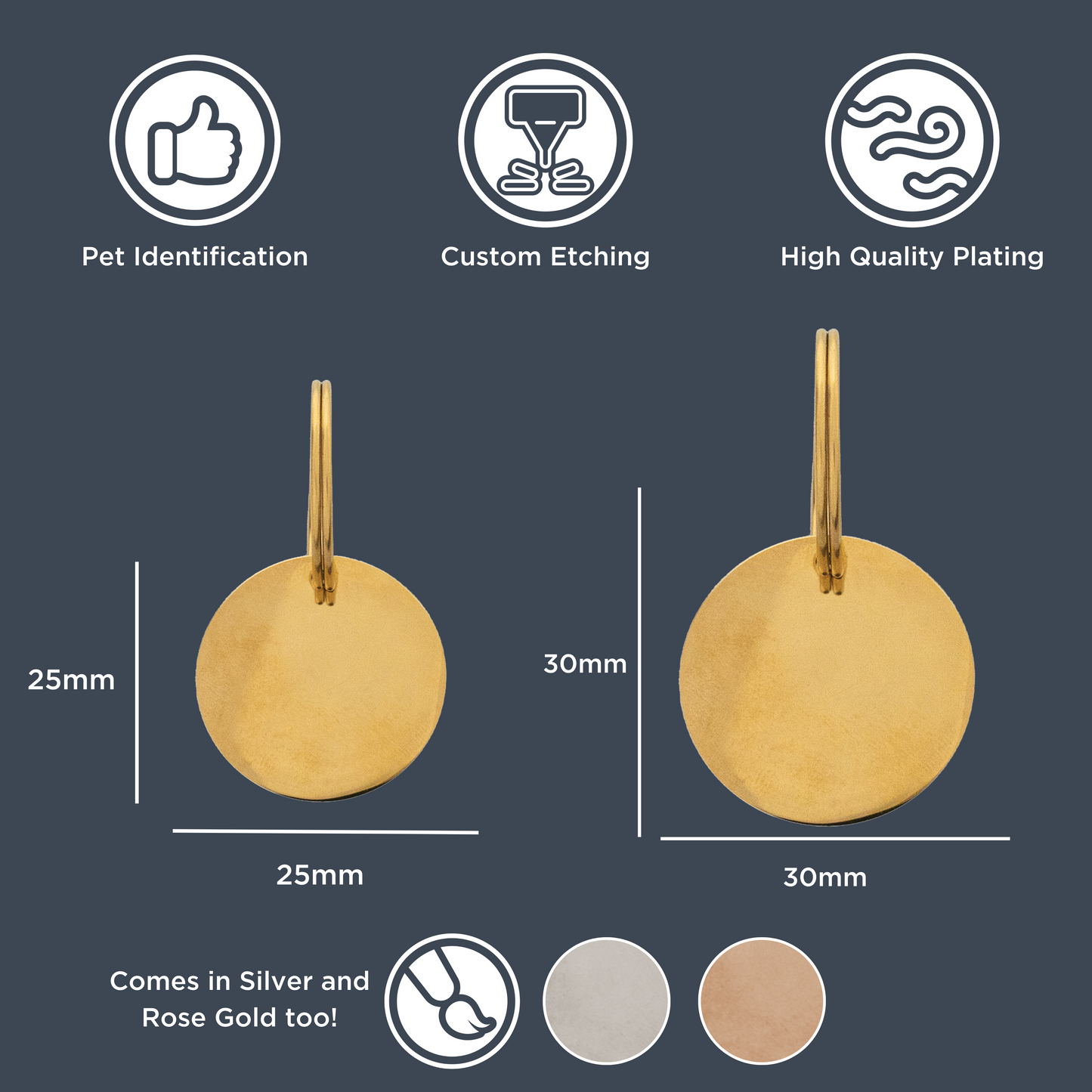 Personalized Circle Pet Tag – Custom Engraved Dog & Cat ID in Gold, Silver, Rose Gold – Stylish & Durable Collar Charm