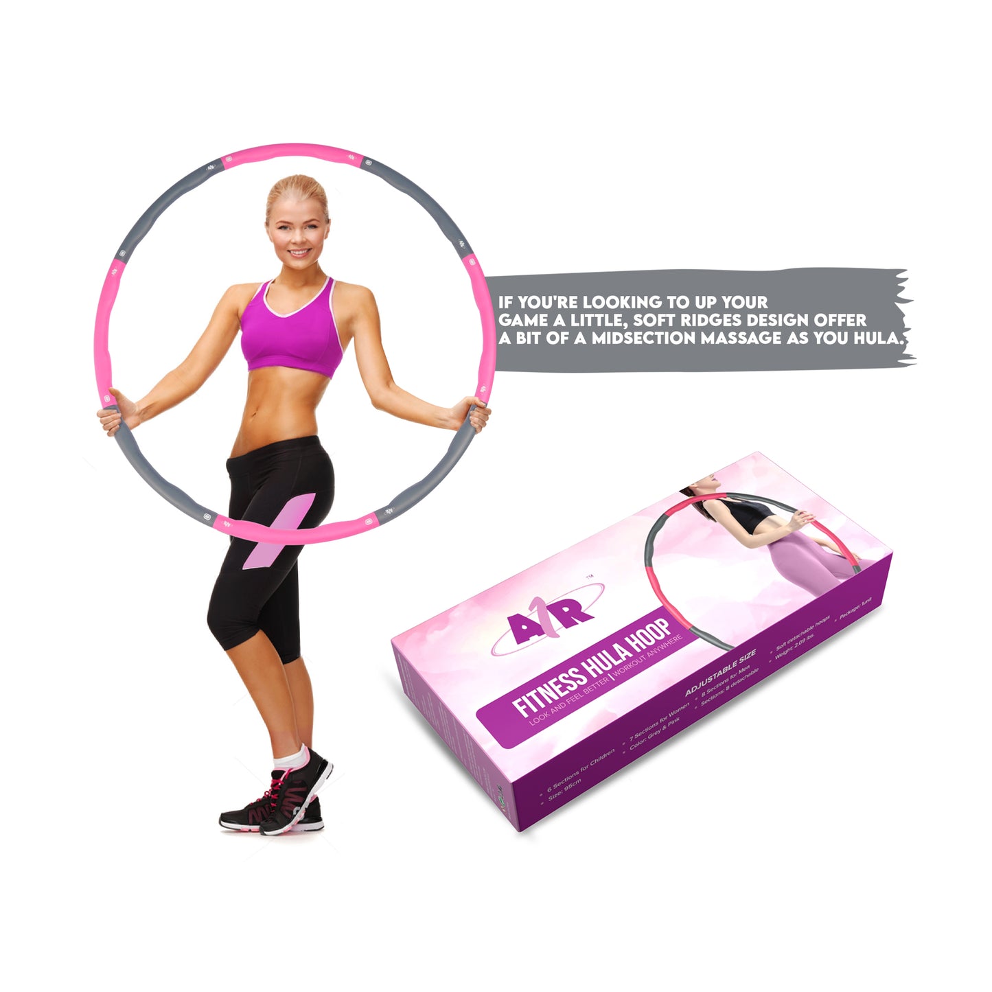 Weighted Hula Hoop, A1R Fitness 2.5–3 lb Detachable Foam Padded Hoop – Large Fitness Exercise Hoop for Weight Loss & Home Workout (Gray/Pink)