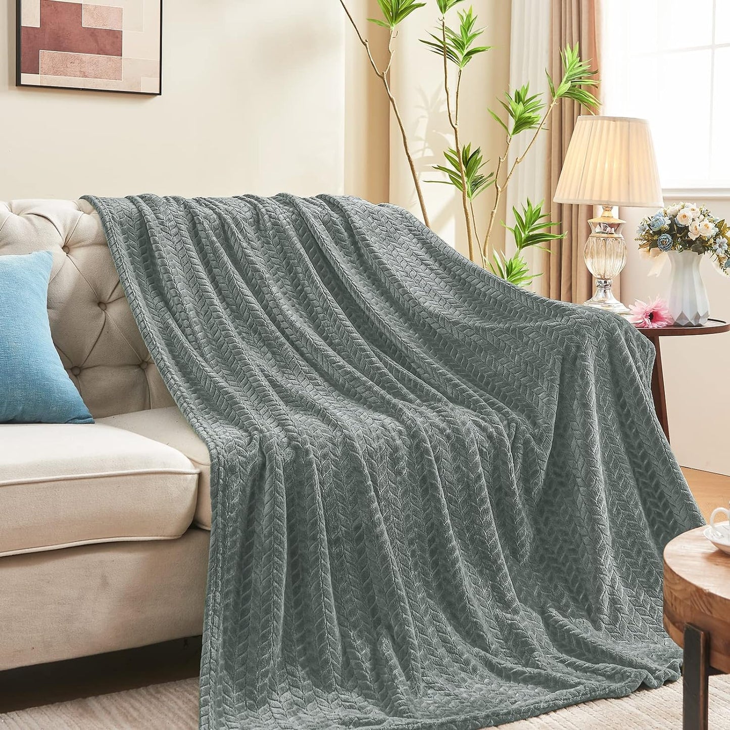 Grey Leaves Pattern Throw Blanket | Soft Cozy Throw Blanket | Decorative Grey Leaf Blanket | Lightweight Home Throw Blanket | Stylish Living Room Blanket