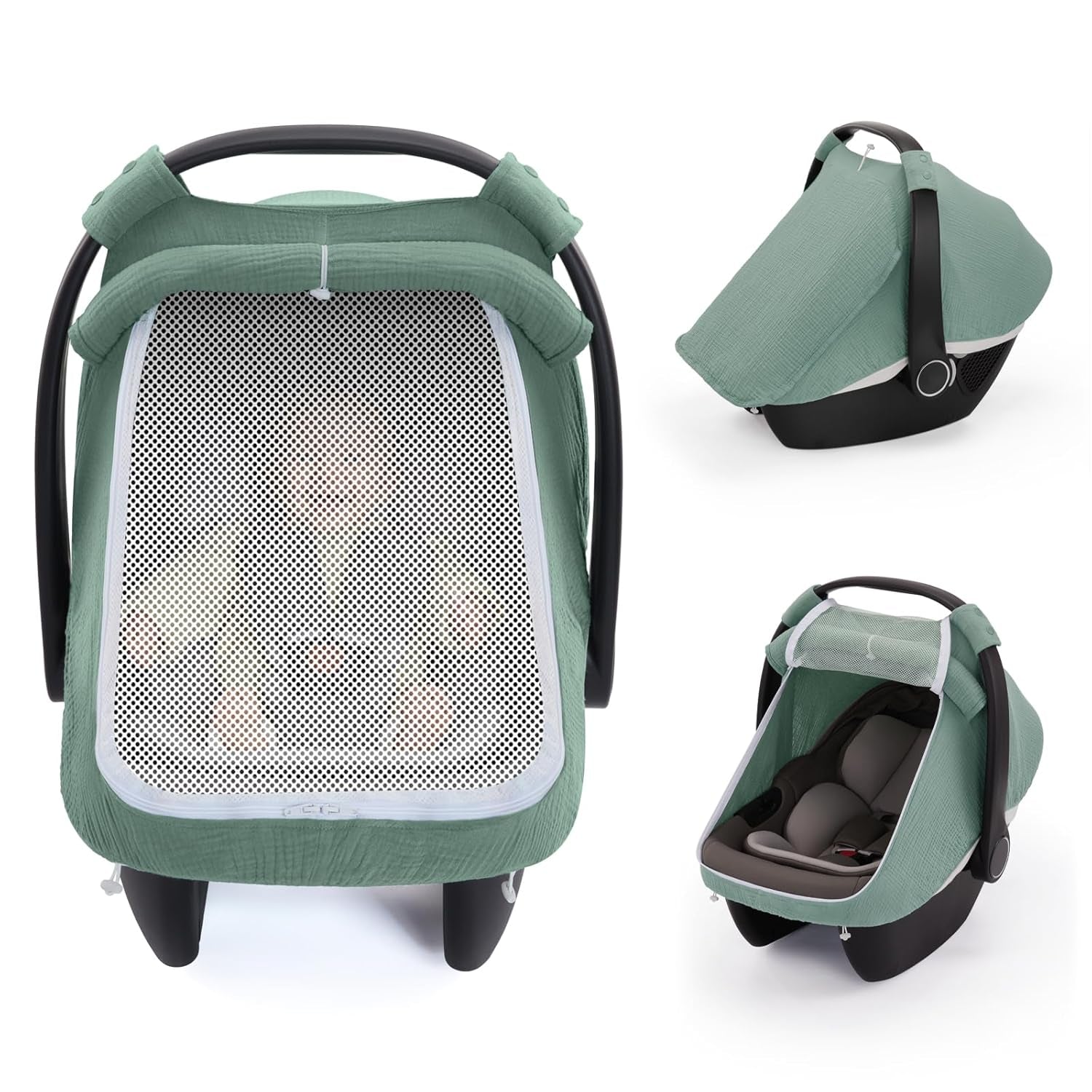 Blissful Diary Baby Car Seat Cover, Extra Large Mesh Window, Breathable Muslin Cotton, Infant Windproof Canopy, Must-Have Baby Gift - Roman Green