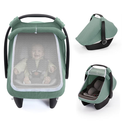 Blissful Diary Baby Car Seat Cover, Extra Large Mesh Window, Breathable Muslin Cotton, Infant Windproof Canopy, Must-Have Baby Gift - Roman Green