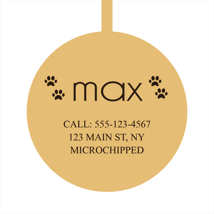 Personalized Circle Pet Tag – Custom Engraved Dog & Cat ID in Gold, Silver, Rose Gold – Stylish & Durable Collar Charm