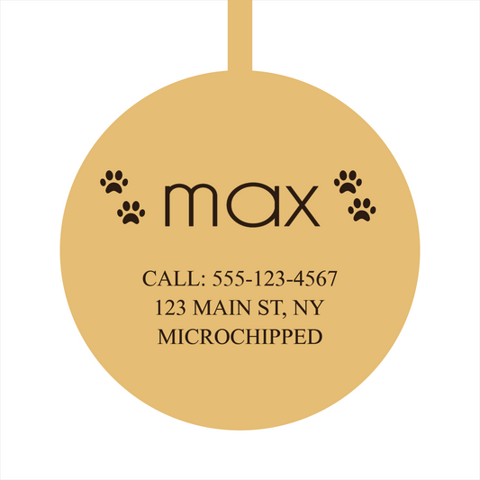 Personalized Circle Pet Tag – Custom Engraved Dog & Cat ID in Gold, Silver, Rose Gold – Stylish & Durable Collar Charm