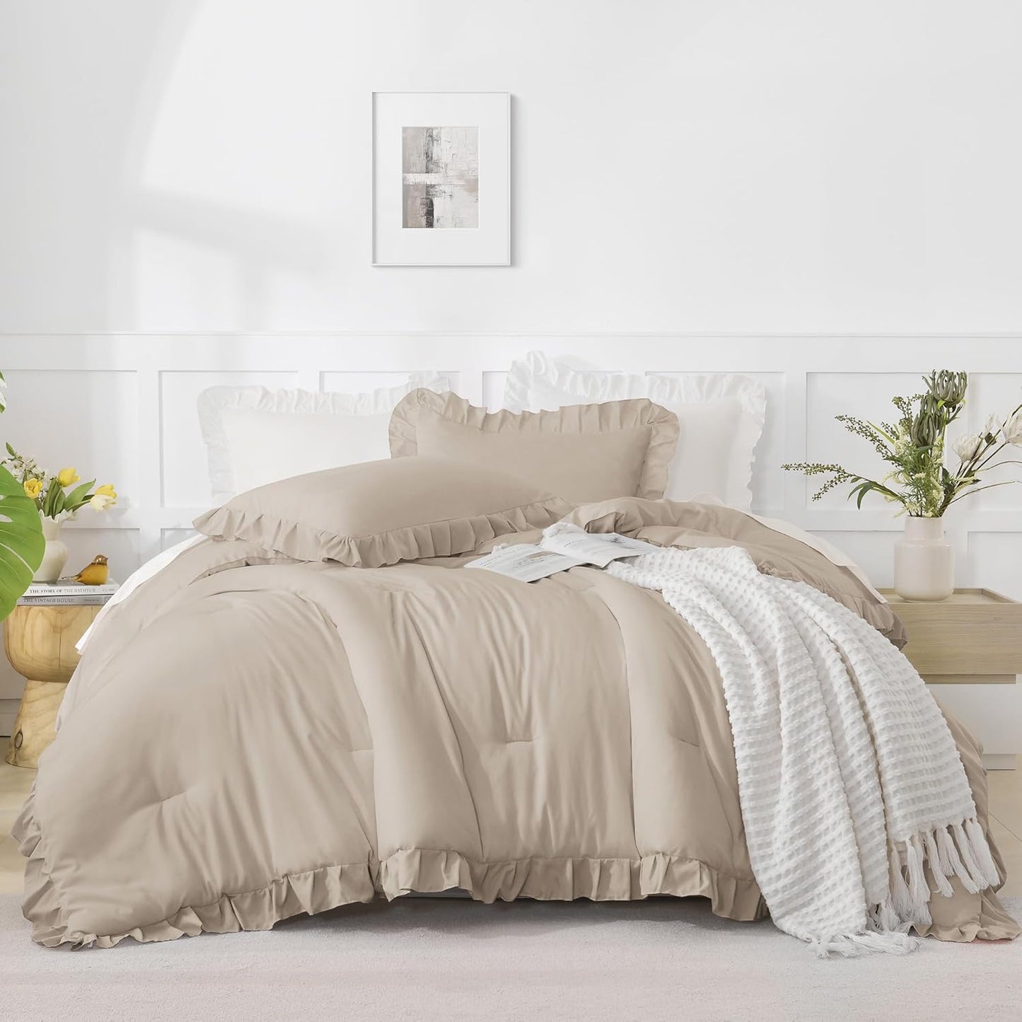 Vintage Ruffle Fringe Comforter | Decorative Bedroom Comforter | Soft Cozy Bedspread | Elegant Ruffled Bedding | Stylish Vintage Comforter