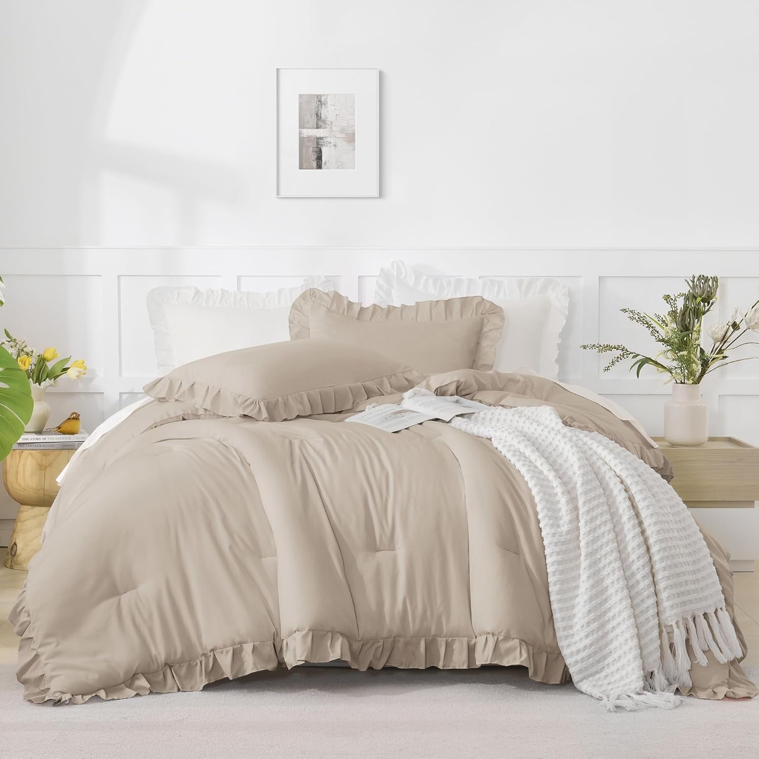 Vintage Ruffle Fringe Comforter | Decorative Bedroom Comforter | Soft Cozy Bedspread | Elegant Ruffled Bedding | Stylish Vintage Comforter