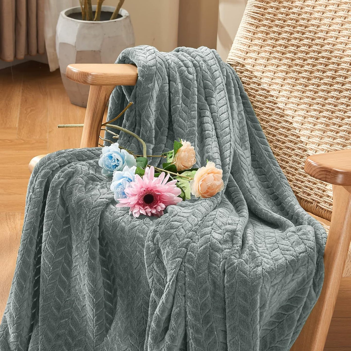 Grey Leaves Pattern Throw Blanket | Soft Cozy Throw Blanket | Decorative Grey Leaf Blanket | Lightweight Home Throw Blanket | Stylish Living Room Blanket