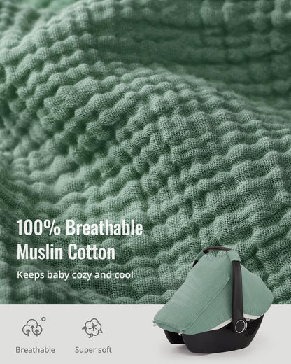 Blissful Diary Baby Car Seat Cover, Extra Large Mesh Window, Breathable Muslin Cotton, Infant Windproof Canopy, Must-Have Baby Gift - Roman Green