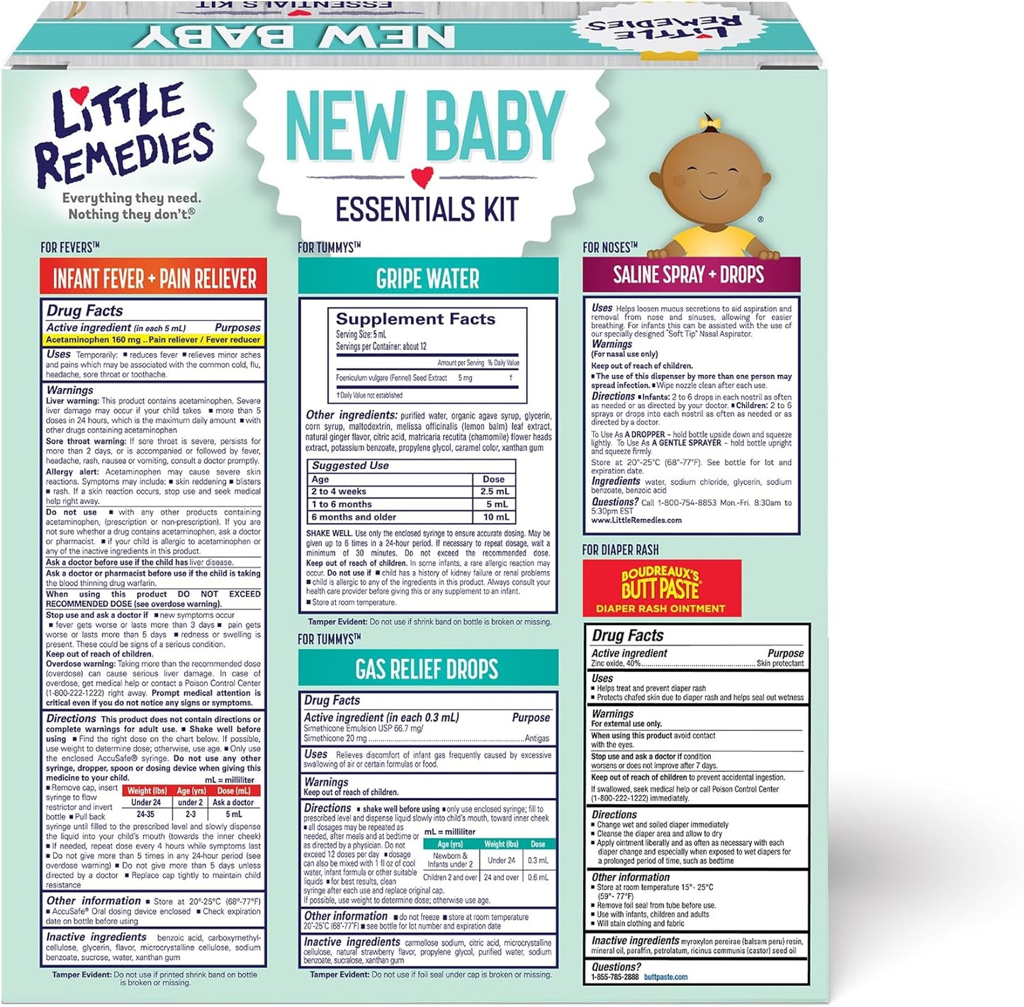 Little Remedies New Baby Essentials Kit with Saline Nasal Spray, Diaper Rash Cream, Gas Relief Drops, Gripe Water & More, Safe for Newborns