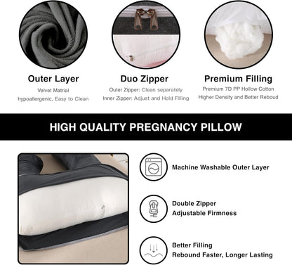 Pregnancy Pillow, Full Body 57 Inch Maternity Pillow with Removable Washable Cover - Sleep Support for Legs, Back, Neck, Shoulder, HIPS, Belly for Pregnent Women, Black Grey Velvet Cover