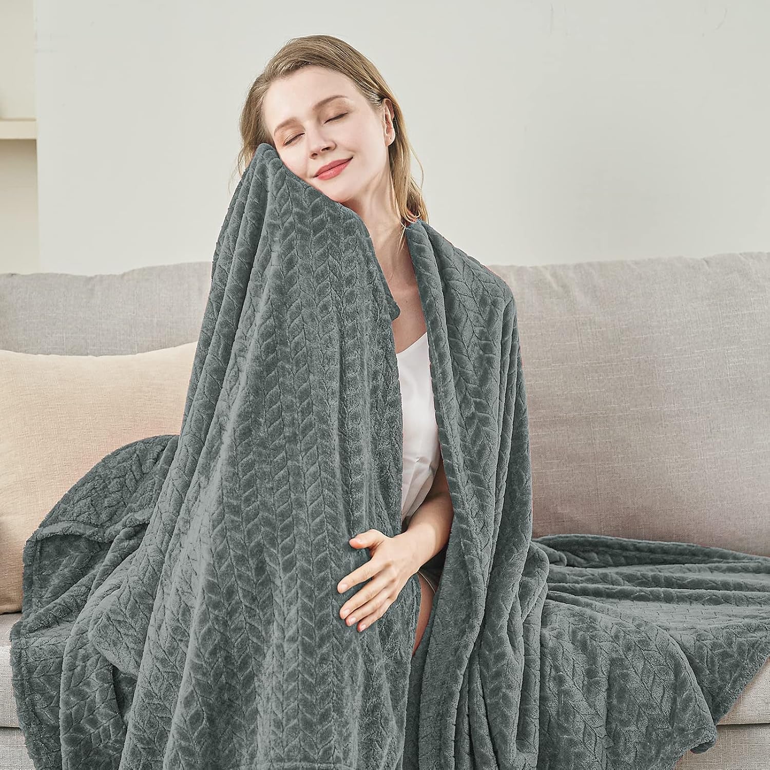 Grey Leaves Pattern Throw Blanket | Soft Cozy Throw Blanket | Decorative Grey Leaf Blanket | Lightweight Home Throw Blanket | Stylish Living Room Blanket