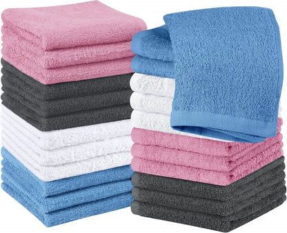 24 Pack Cotton Washcloths – 100% Ring Spun Cotton Face Towels, Soft & Highly Absorbent Flannel Cloths for Bath, Gym, Spa & Kitchen