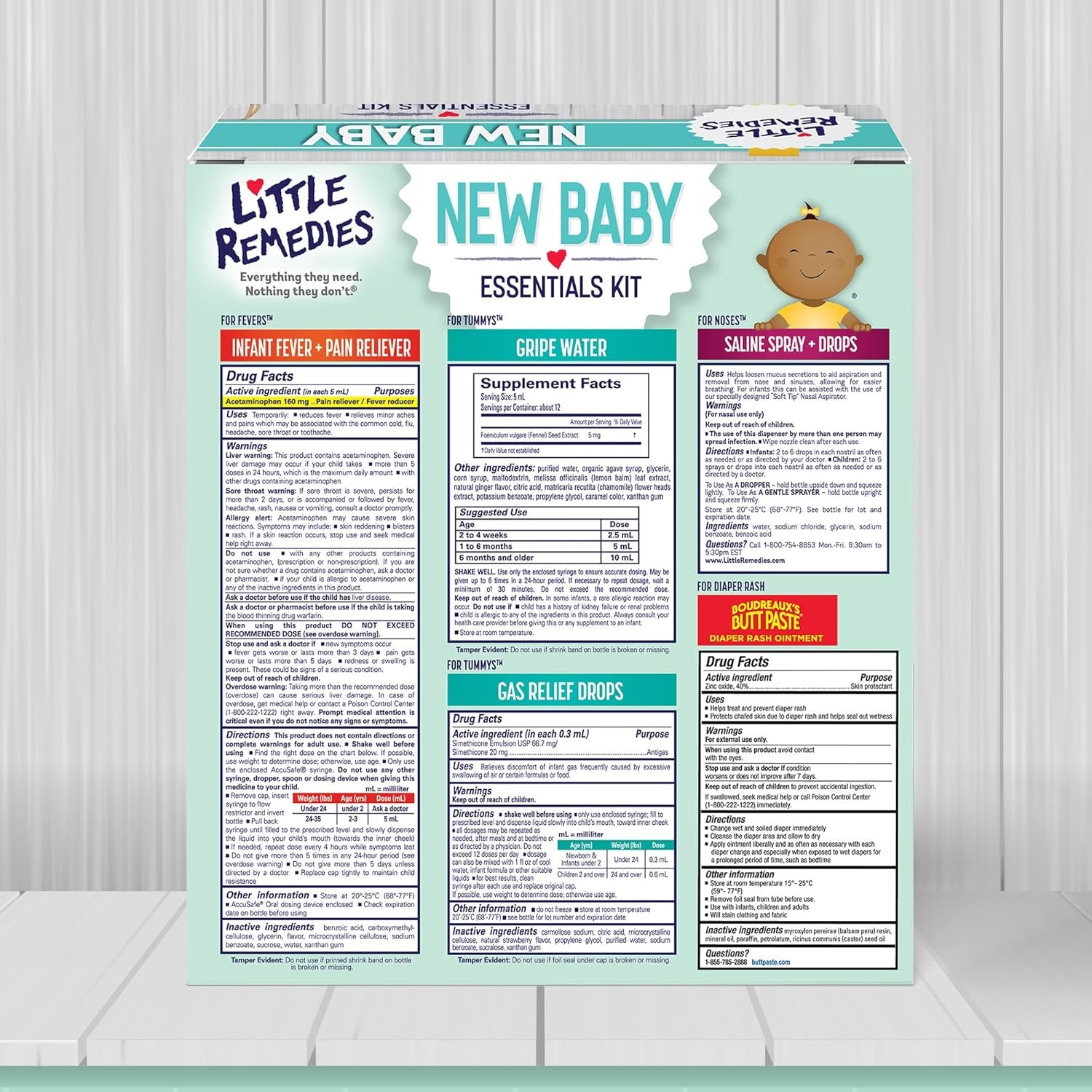 Little Remedies New Baby Essentials Kit with Saline Nasal Spray, Diaper Rash Cream, Gas Relief Drops, Gripe Water & More, Safe for Newborns