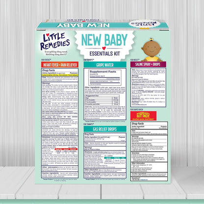 Little Remedies New Baby Essentials Kit with Saline Nasal Spray, Diaper Rash Cream, Gas Relief Drops, Gripe Water & More, Safe for Newborns