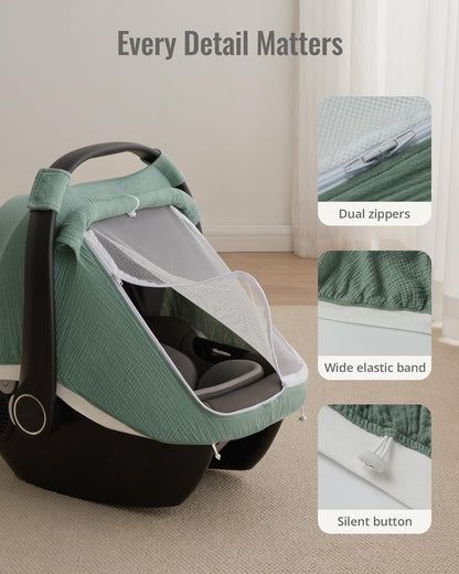 Blissful Diary Baby Car Seat Cover, Extra Large Mesh Window, Breathable Muslin Cotton, Infant Windproof Canopy, Must-Have Baby Gift - Roman Green