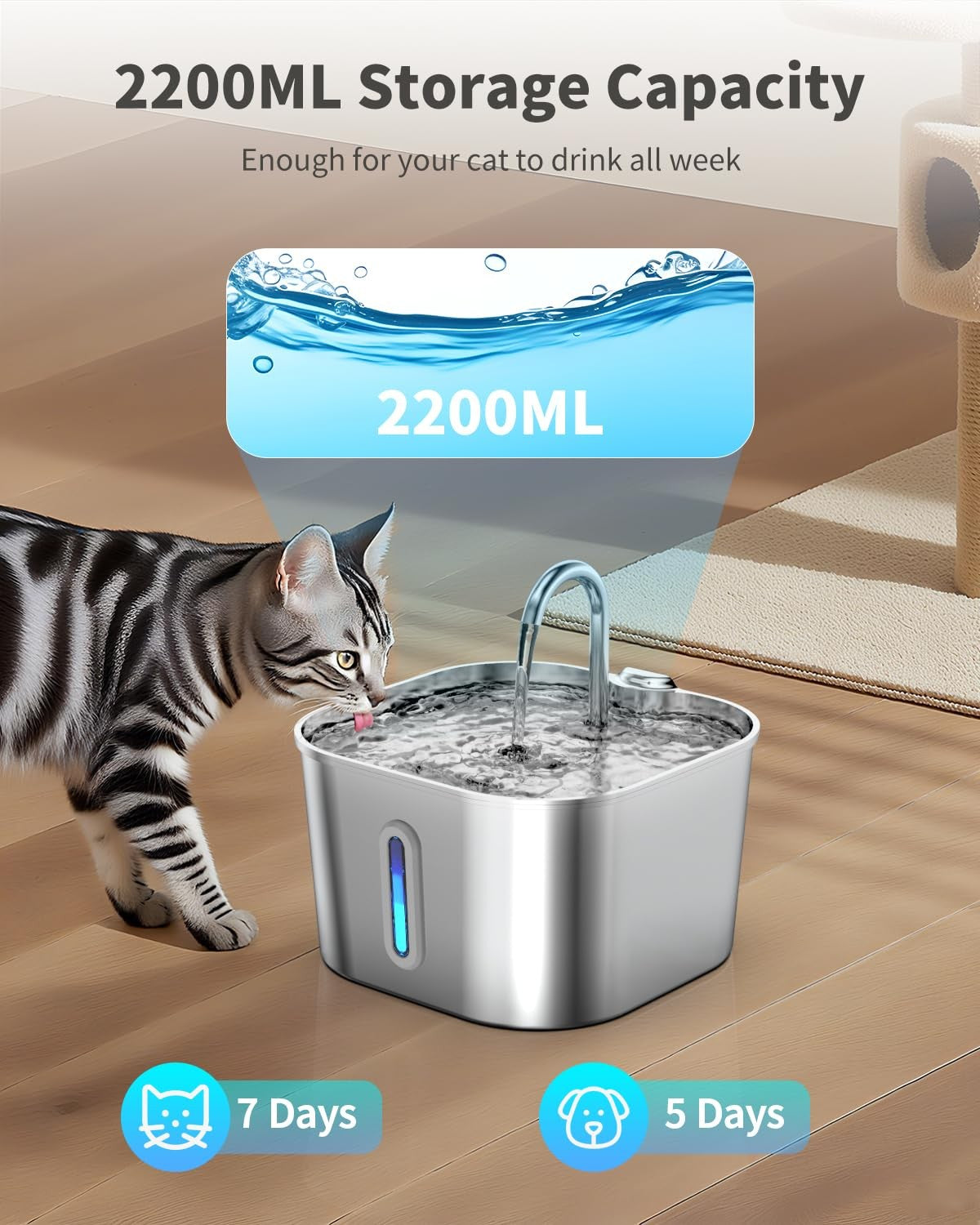 Stainless Steel Pet Water Fountain | Continuous Fresh Water for Pets | Large Capacity 2.2L / 74oz