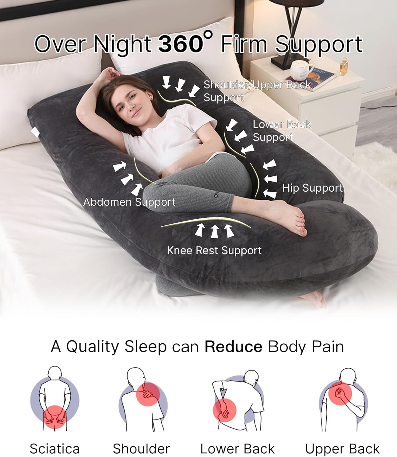 Pregnancy Pillow, Full Body 57 Inch Maternity Pillow with Removable Washable Cover - Sleep Support for Legs, Back, Neck, Shoulder, HIPS, Belly for Pregnent Women, Black Grey Velvet Cover