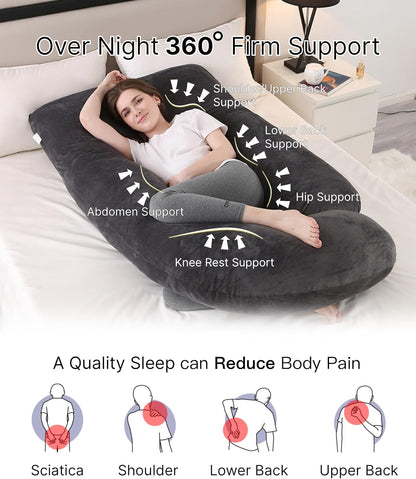 Pregnancy Pillow, Full Body 57 Inch Maternity Pillow with Removable Washable Cover - Sleep Support for Legs, Back, Neck, Shoulder, HIPS, Belly for Pregnent Women, Black Grey Velvet Cover
