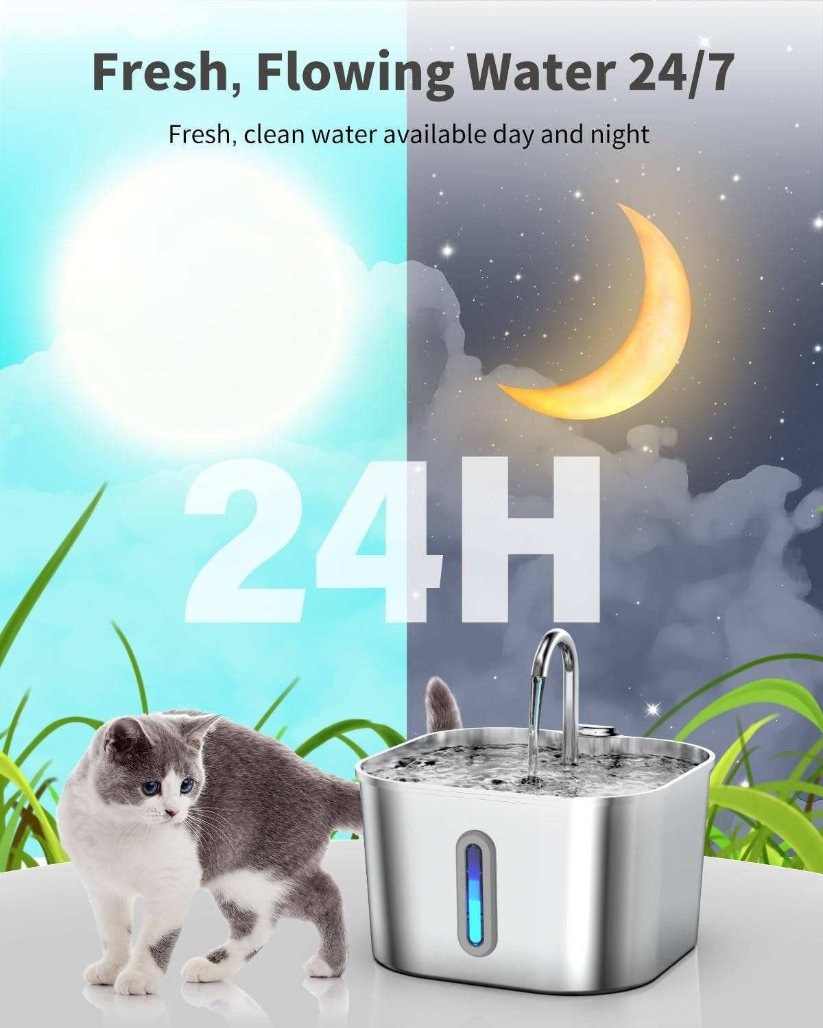 Stainless Steel Pet Water Fountain | Continuous Fresh Water for Pets | Large Capacity 2.2L / 74oz