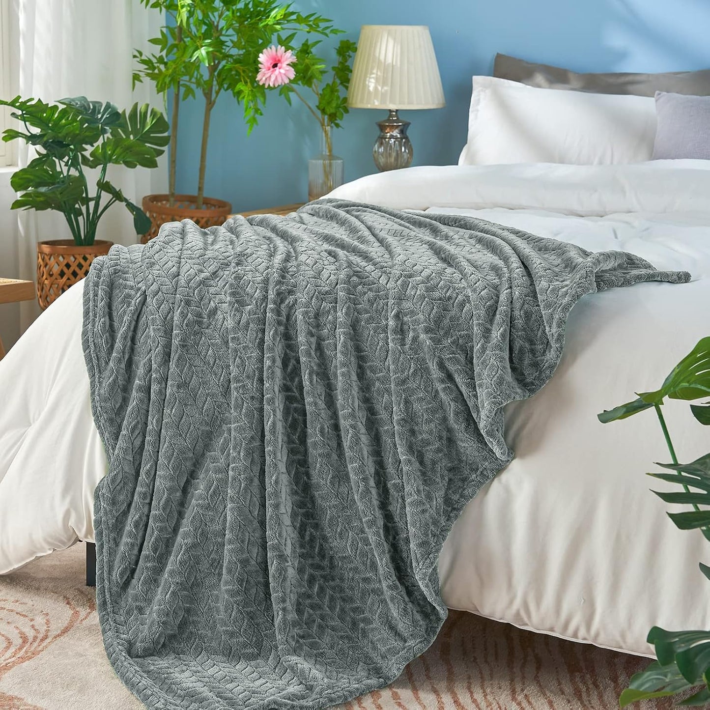 Grey Leaves Pattern Throw Blanket | Soft Cozy Throw Blanket | Decorative Grey Leaf Blanket | Lightweight Home Throw Blanket | Stylish Living Room Blanket