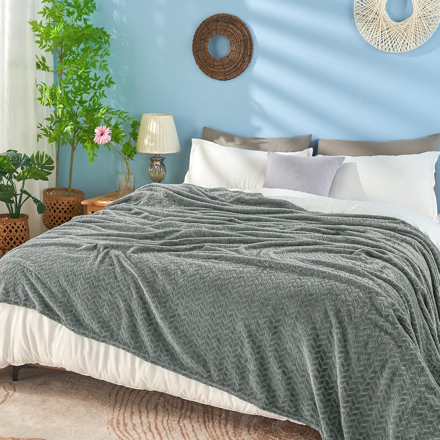 Grey Leaves Pattern Throw Blanket | Soft Cozy Throw Blanket | Decorative Grey Leaf Blanket | Lightweight Home Throw Blanket | Stylish Living Room Blanket